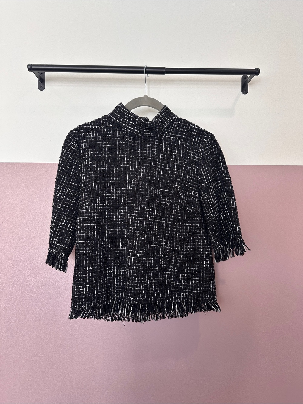 Zara Black and White Tweed Fringe Short Sleeve Top